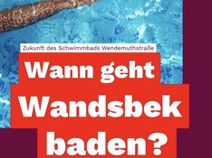 Die Arme einer Schwimmerin im Wasser, mit Aufschrift auf dem Sharepic "Zukunft des Schwimmbads Wendemuthstraße. Wann geht Wandsbek baden?". Logo Linksfraktion Wandsbek.