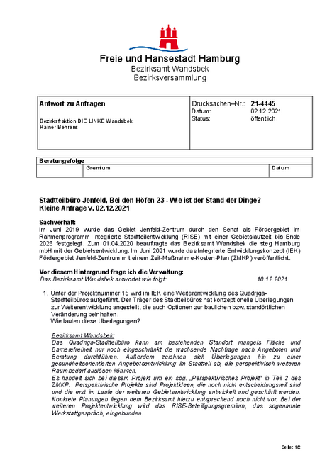 PDF Beantwortete kleine Anfrage Stadtteilbüro Jenfeld - Wie ist der Stand der Dinge?