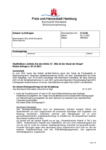 PDF Beantwortete kleine Anfrage Stadtteilbüro Jenfeld - Wie ist der Stand der Dinge?