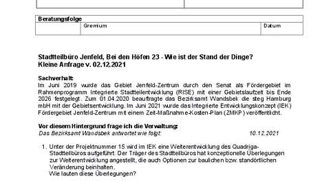PDF Beantwortete kleine Anfrage Stadtteilbüro Jenfeld - Wie ist der Stand der Dinge?