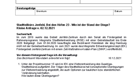 Drucksache PDF Beantwortete kleine Anfrage Stadtteilbüro Jenfeld - Wie ist der Stand der Dinge?